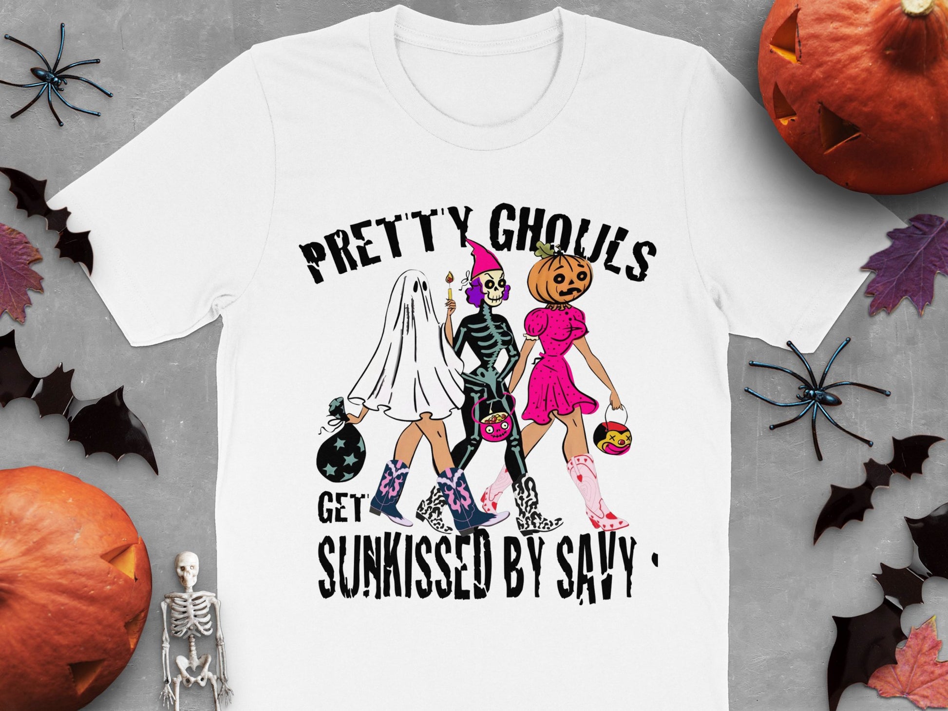 Women's Halloween T-Shirt, Pretty Ghouls Graphic Tee, Spooky Cute Top, Holiday Fashion, October Trick or Treat Outwear.
