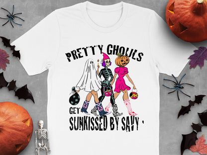Women's Halloween T-Shirt, Pretty Ghouls Graphic Tee, Spooky Cute Top, Holiday Fashion, October Trick or Treat Outwear.