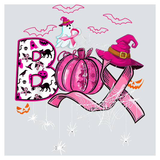 a pink ribbon with a witch hat on top of it