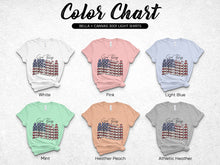 Bella Canvas 3001 T-Shirt Color Chart, USA Flag Design, Light Shirts in White, Pink, Blue, Mint, Heather Peach