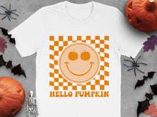 Halloween Pumpkin Smile T-Shirt, Autumn Orange Checkered Design, Casual Fall Fashion Top, Unisex Graphic Tee