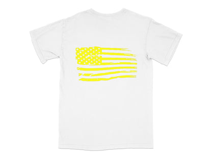 American Flag T-Shirt, White Cotton Tee, Patriotic Yellow Striped Flag Print, Unisex Summer Fashion Top, Casual Wear