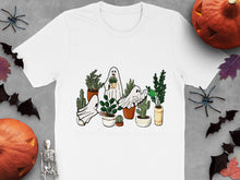 Halloween Themed T-Shirt, Spooky Ghosts and Plants Graphic, Unisex White Tee for All Ages