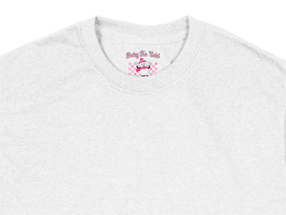 Light Gray T-Shirt, Going to Bed Graphic, Cozy Sleepwear, Cute Pink Gingham Design, Casual Fashion Unisex Clothing