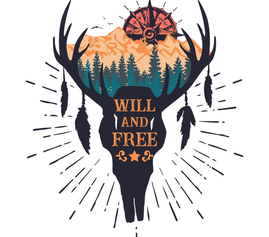 Deer Silhouette with Forest Scenery and Compass Graphic T-Shirt, Nature Inspired Outdoor Adventure Tee