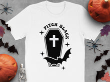 Pitch Black Coffin and Bat Design Halloween T-Shirt, Spooky Fall Apparel, Unisex Adult Casual Tee