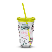Crafty Girl Themed Tumbler with Straw, Colorful Art Supplies Print, Insulated Drinkware for Creatives