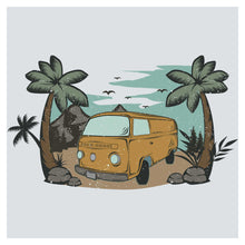 a van parked on the side of a road next to palm trees