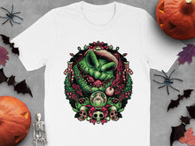 Gothic Halloween T-Shirt, Spooky Green Monster and Skulls Graphic Tee, Unisex Horror Apparel, Unique October Fashion Gift
