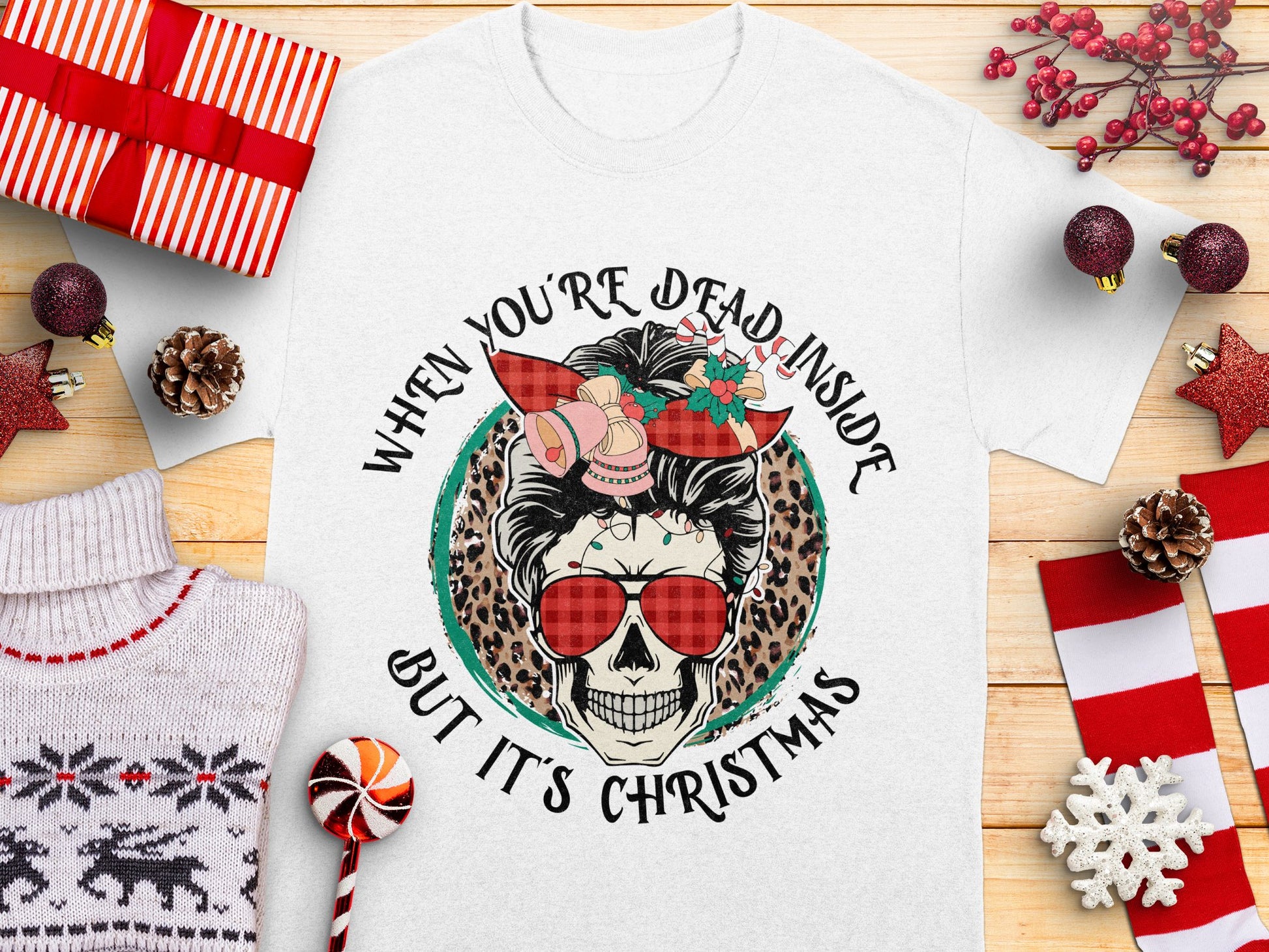 Unique Christmas T-Shirt, Dead Inside But Festive Holiday Tee, Funny Xmas Gift, Skull and Santa Hat Design