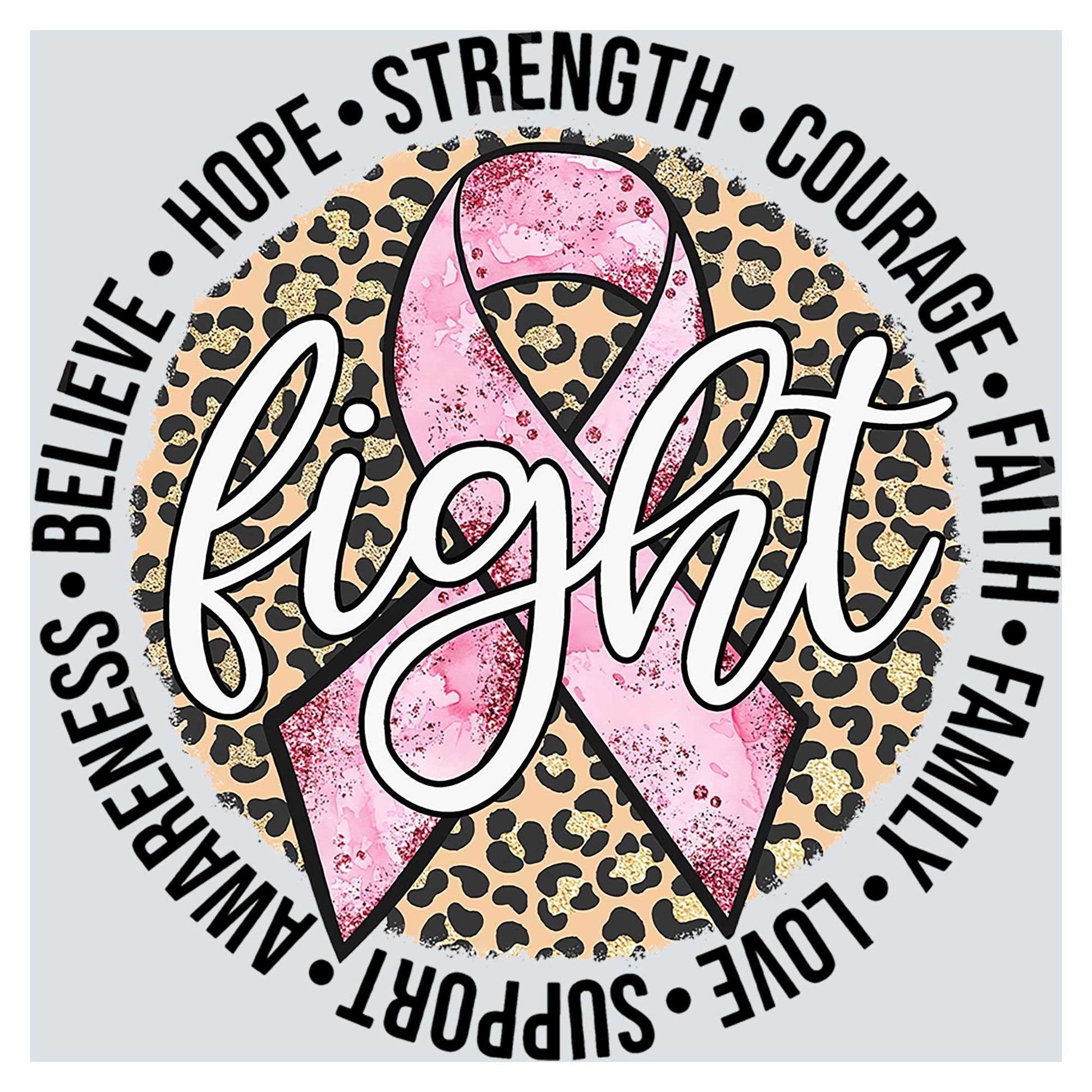 a leopard print with a pink ribbon on it