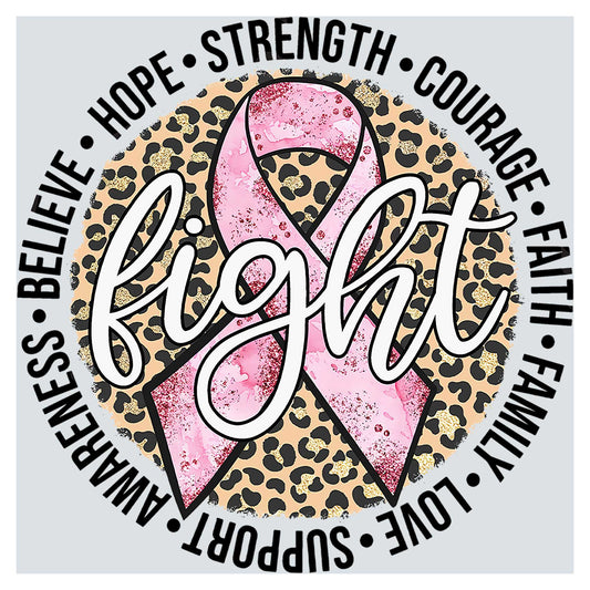 a leopard print with a pink ribbon on it