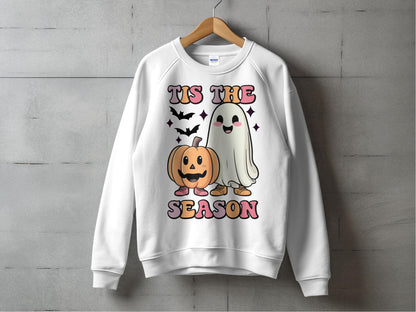 Halloween Sweatshirt Pumpkin Ghost Bat Graphic, Unisex Fall Season Crewneck, Spooky Cute Casual Autumn Apparel