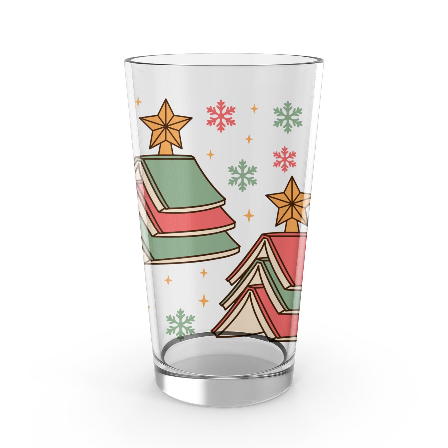 Festive Holiday Glass Tumbler with Colorful Christmas Trees and Snowflakes Design, Seasonal Drinkware