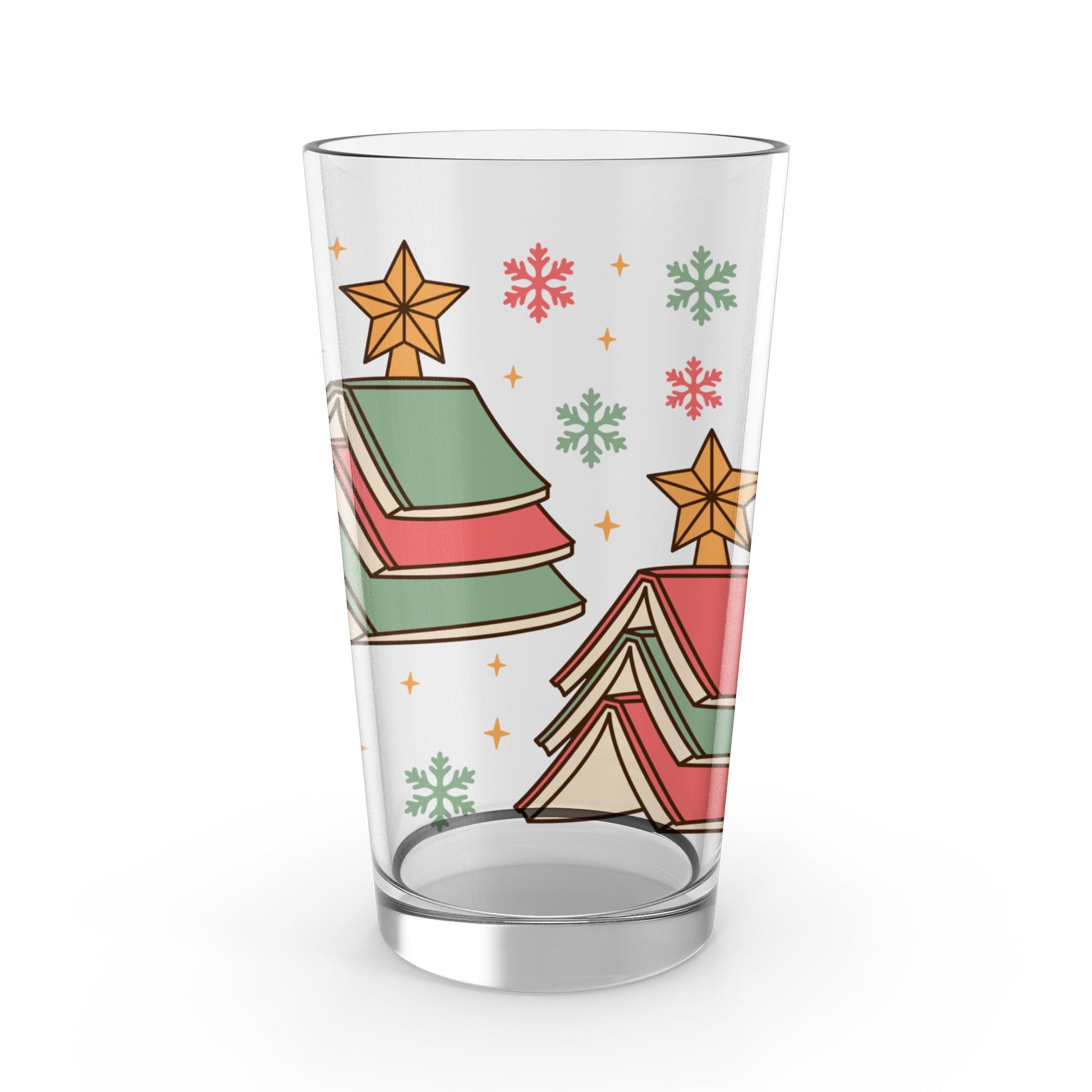 Festive Holiday Glass Tumbler with Colorful Christmas Trees and Snowflakes Design, Seasonal Drinkware