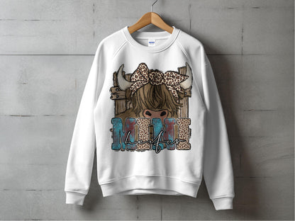 Cute Leopard Bow Mom Life Graphic Sweatshirt, Trendy Mama Bear Casual Pullover, Fashionable Women's Cozy Top, Gift for Her