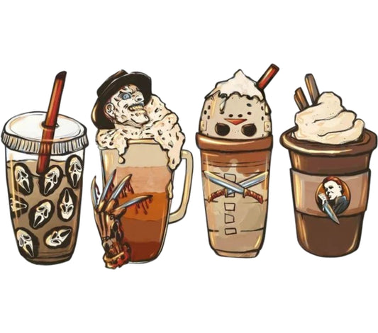 Quirky Horror Themed Coffee Cups Stickers, Waterproof Vinyl, Unique Beverage Decals Set of Four