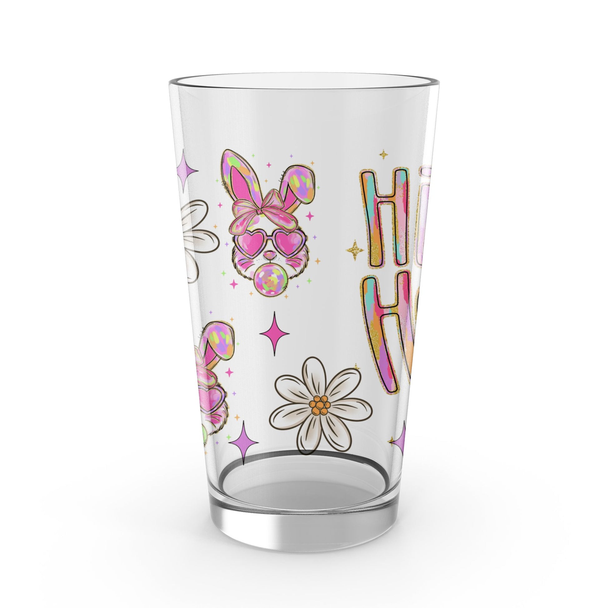 Bunny and Stars Printed Glass - Cute Rabbit Floral Drinkware, Pastel Hi Design Tumbler for Spring