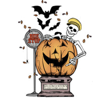 Halloween Town Bus Stop Pumpkin and Skeleton Art Print, Spooky Fall Decor, Bat and Leaves Illustration