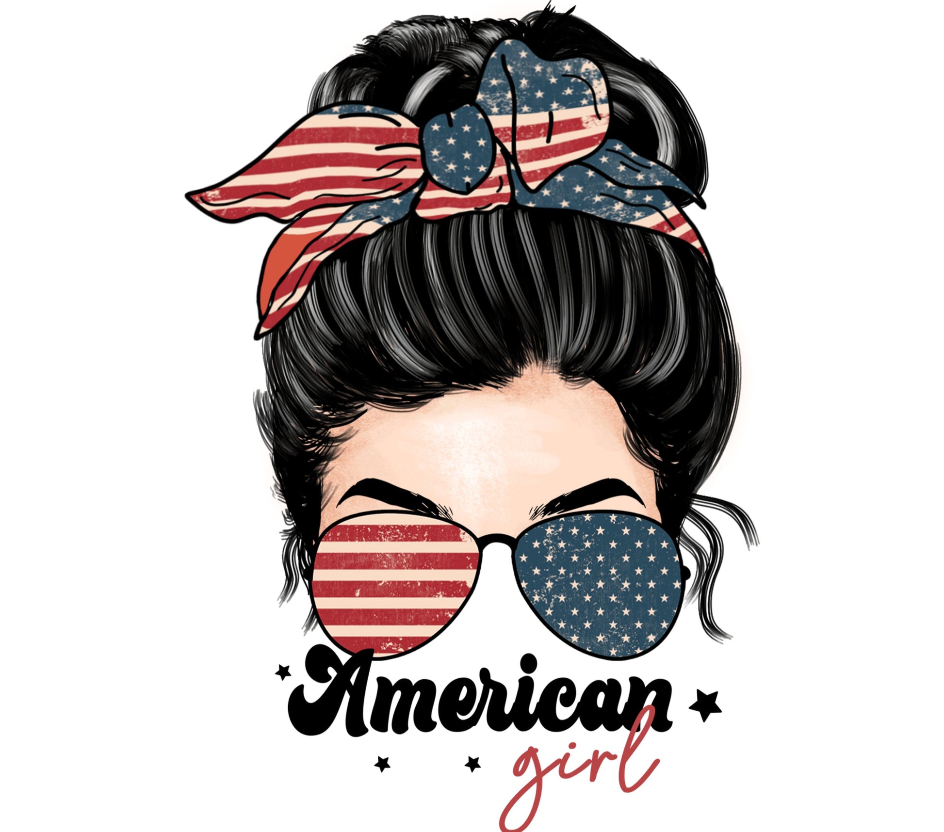 American Girl Patriotic T-Shirt Design, USA Flag Sunglasses and Bandana, Women's Fashion Graphic Tee, Independence Day Outfit