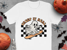 Halloween Ghost Skateboard T-Shirt, Creep It Real Funny Graphic Tee, Checkered Pattern, Spooky Season Apparel