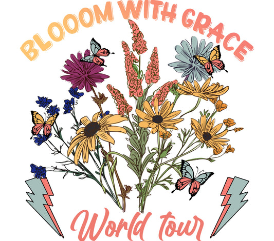 Bloom With Grace World Tour Floral Butterfly T-Shirt, Colorful Spring Flowers Graphic Tee, Women's Fashion Illustration Shirt