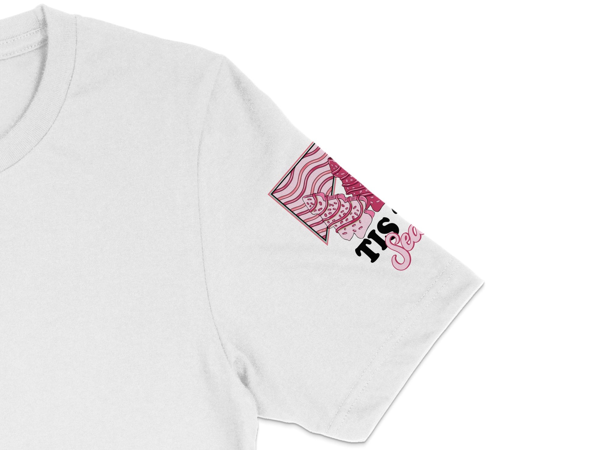 Women's White T-Shirt with Pink Abstract Art Sleeve Print, Casual Round Neck Top