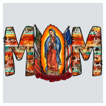 the word mom with a picture of the virgin mary