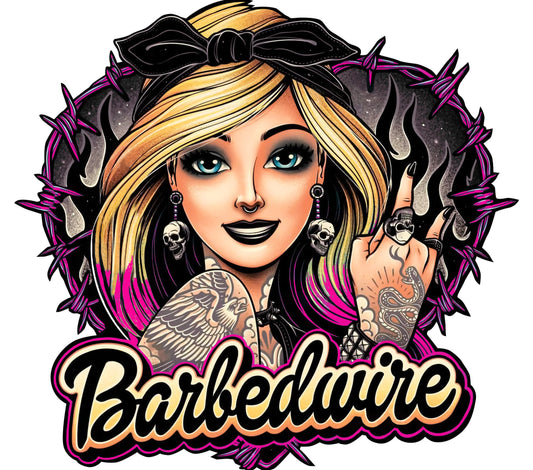 Vintage Inspired Tattoo Art Print, Barbedwire Text, Skull Earrings, Bold Graphic Design