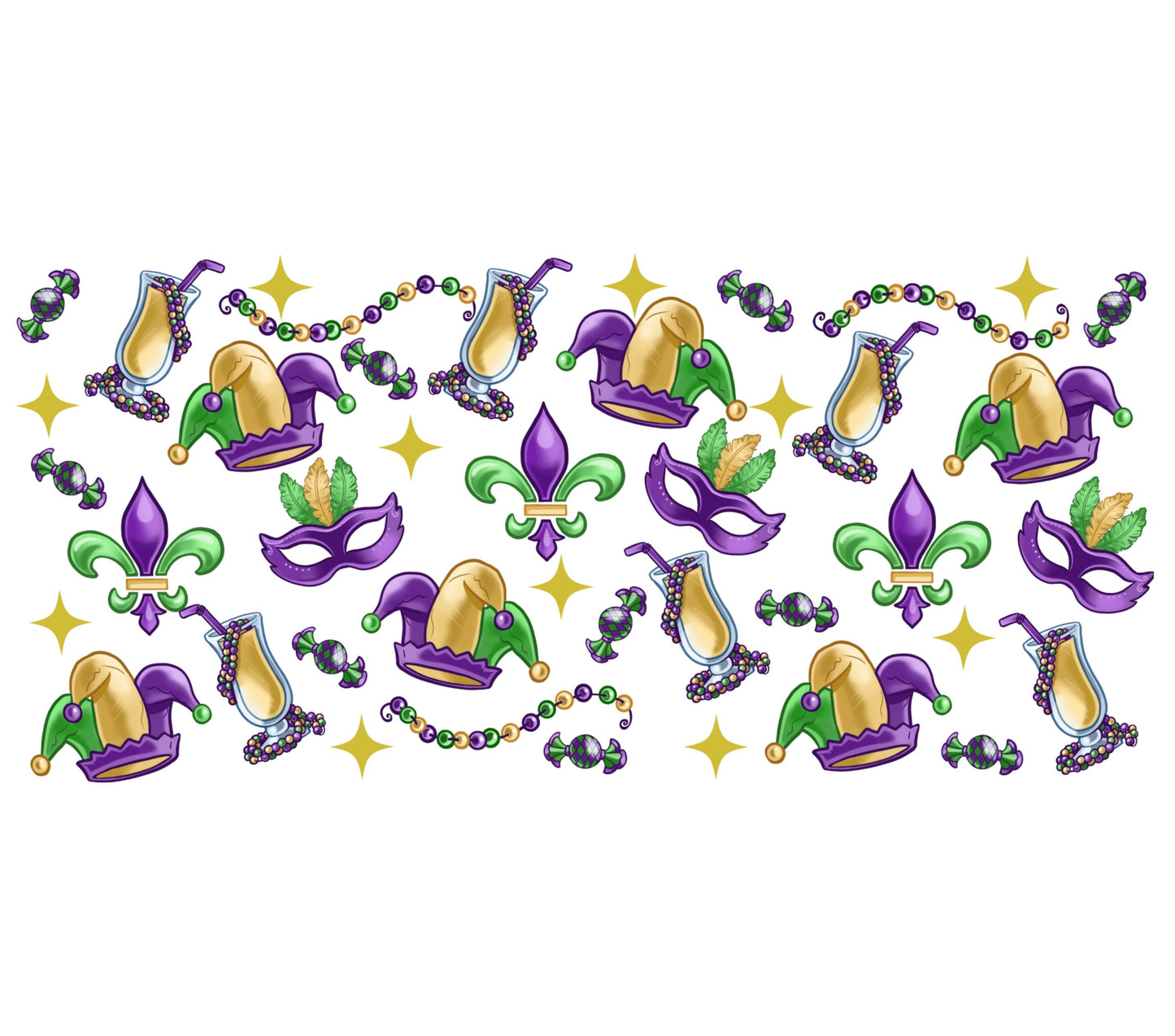 Mardi Gras Seamless Pattern Fabric Carnival Masks Beads Fleur-de-Lis Purple Green Gold Material for Crafts and Apparel