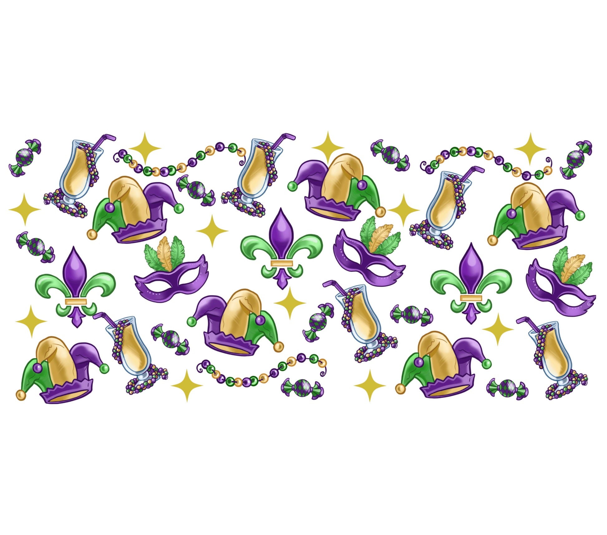 Mardi Gras Seamless Pattern Fabric Carnival Masks Beads Fleur-de-Lis Purple Green Gold Material for Crafts and Apparel