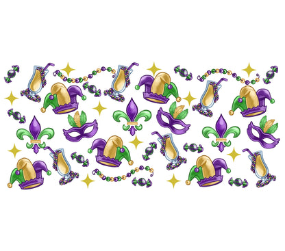 Mardi Gras Seamless Pattern Fabric Carnival Masks Beads Fleur-de-Lis Purple Green Gold Material for Crafts and Apparel