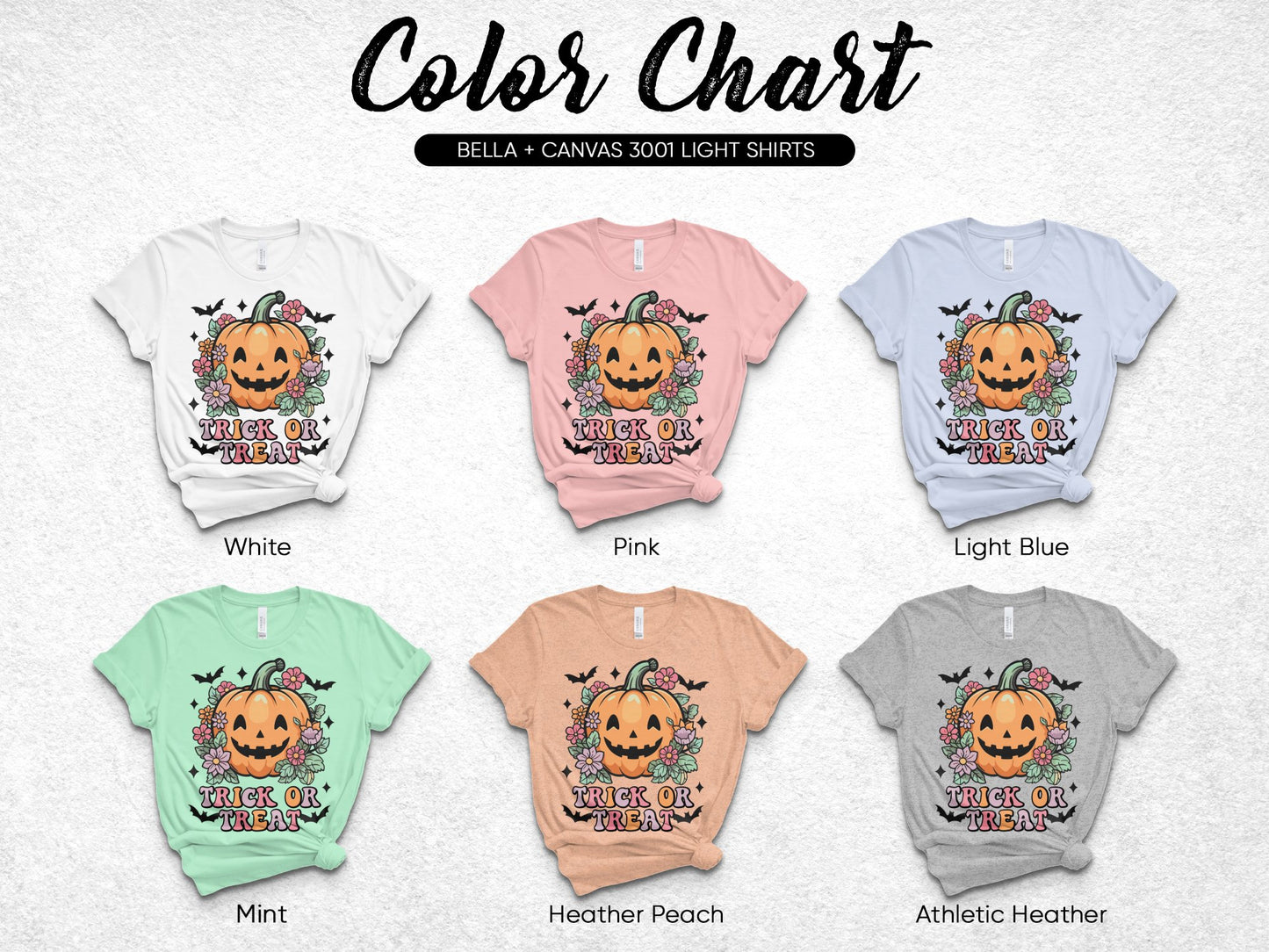 Halloween Trick or Treat Pumpkin T-Shirt, Fun Fall Graphic Tee, Multiple Colors, Bella Canvas 3001 Light Shirts
