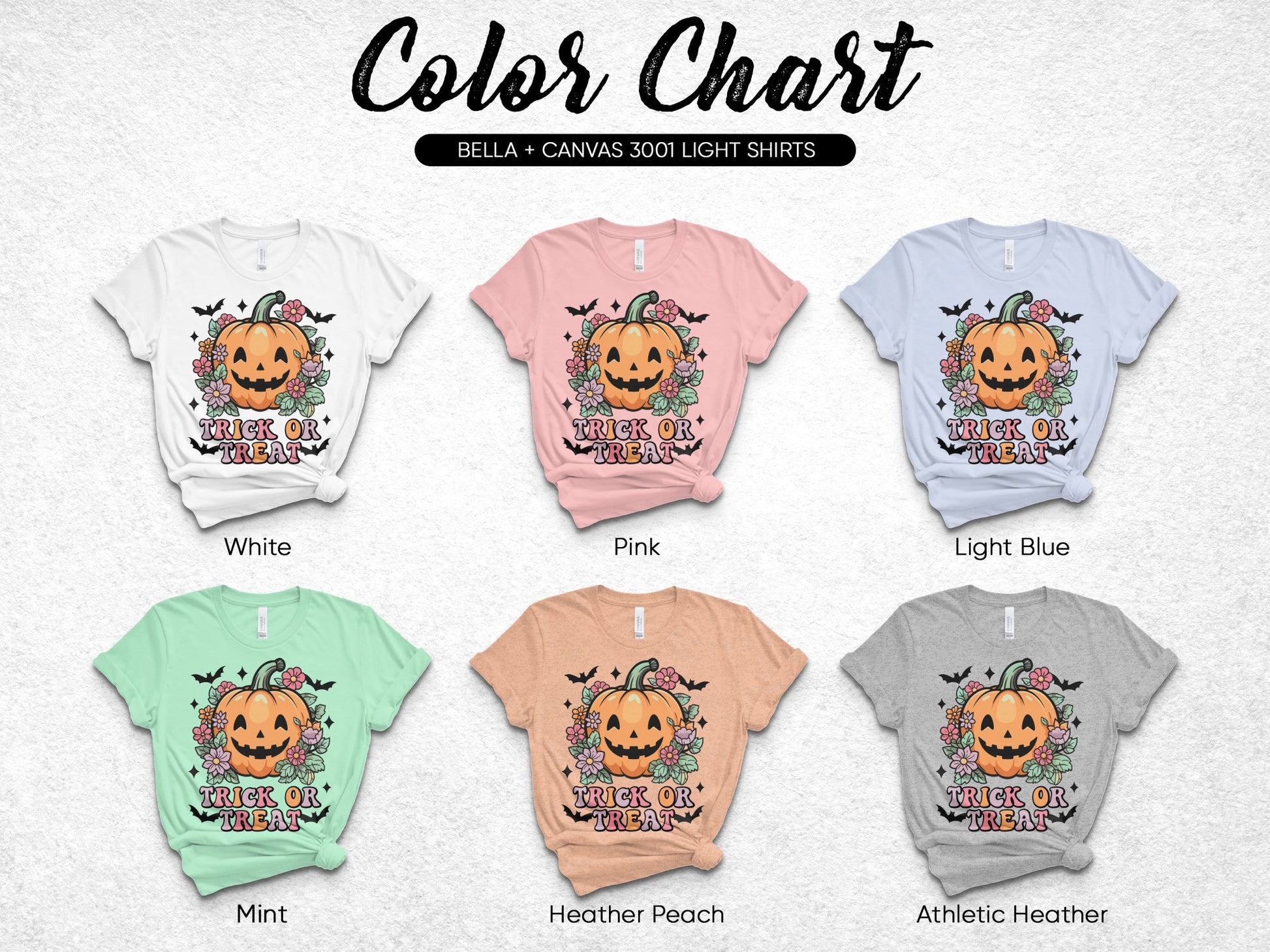 Halloween Trick or Treat Pumpkin T-Shirt, Fun Fall Graphic Tee, Multiple Colors, Bella Canvas 3001 Light Shirts