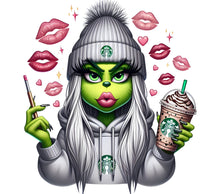 Trendy Green Monster Girl With Starbucks Coffee Art Print, Stylish Winter Hat and Makeup Design