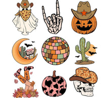 Eclectic Halloween Sticker Pack, Cowboy, Skull, Pumpkin, Disco Ball, Cactus, Moon Illustrations