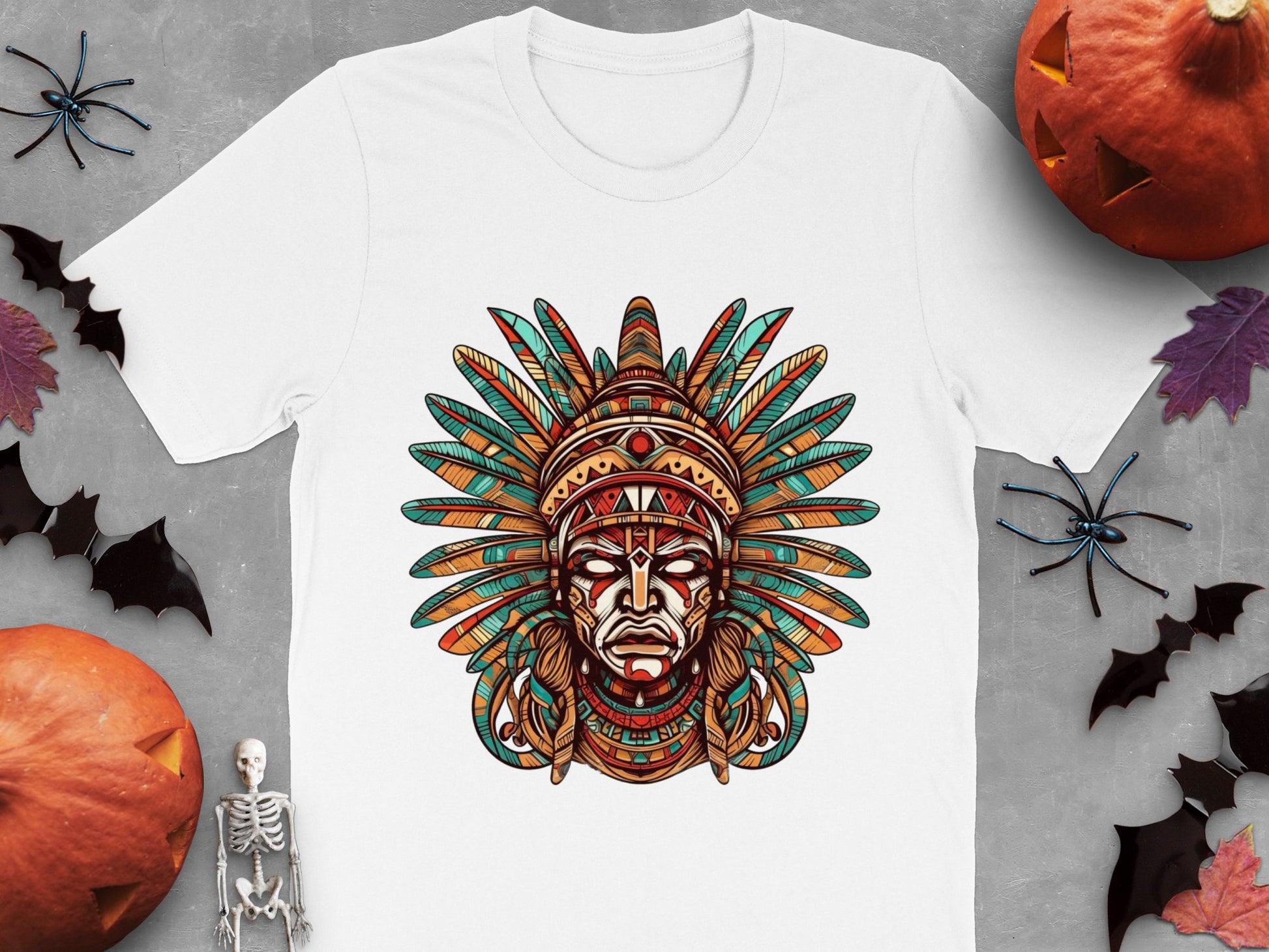 Aztec Warrior Mask Graphic T-Shirt, Colorful Tribal Design, Unisex Cotton Tee for Halloween and Cultural Events