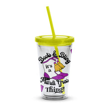 Mardi Gras Themed Tumbler, 'Boots be Bling It's a Thing', Purple and Yellow, Insulated Travel Cup with Straw