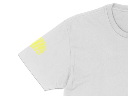 Minimalist Grey T-Shirt with Yellow Stripes on Sleeve, Unisex Casual Tee, Soft Cotton