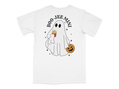 Kids Halloween Ghost T-Shirt, Boo-Jee-Min Cute Spooky Cartoon, Casual White Tee for Children with Pumpkin Graphic