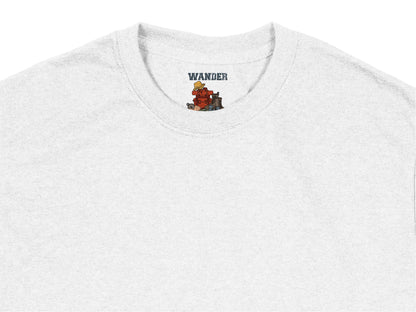 Heather Gray Wander T-Shirt with Miniature Train Embroidery, Casual Crew Neck Tee, Unisex Fashion Top