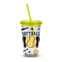 Softball Themed Tumbler Cup with Straw, Insulated Travel Cup, Sports Fan Gift, Yellow Straw, Graphic Print Design, Durable Drinkware