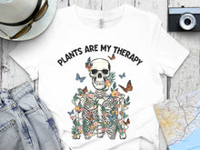 Graphic T-Shirt 'Plants are My Therapy' Skull with Flowers and Butterflies Tee