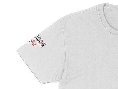 White T-Shirt with Red Crime You Script Embroidery, Casual Unisex Streetwear Tee, Trendy Graphic Shirt for Everyday Wear