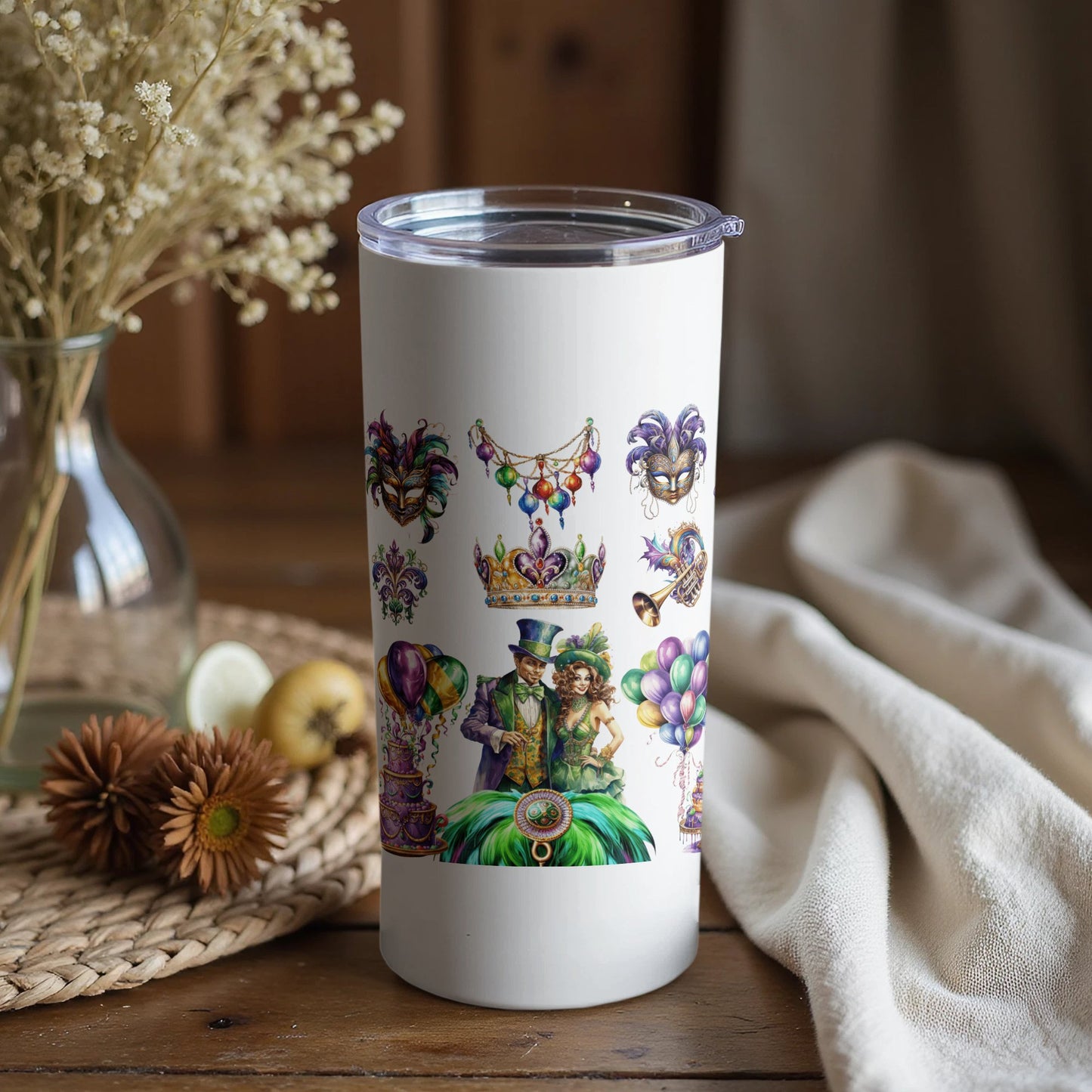 Mardi Gras Themed Tumbler, Carnival Masks and Beads, Insulated Travel Mug, Unique Gift Idea
