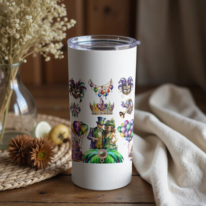 Mardi Gras Themed Tumbler, Carnival Masks and Beads, Insulated Travel Mug, Unique Gift Idea