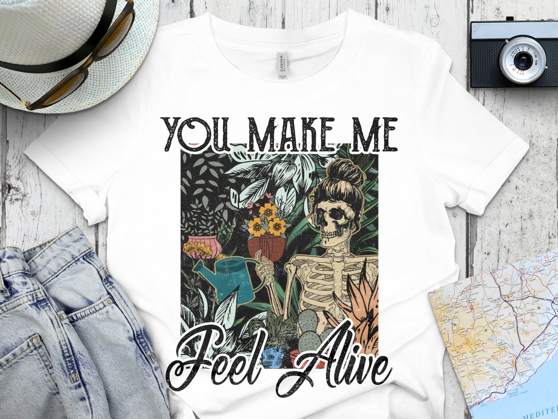 Skeleton Floral Graphic T-Shirt, Vintage Botanical Tee, Unique Goth Style Shirt, Feel Alive Quote Top