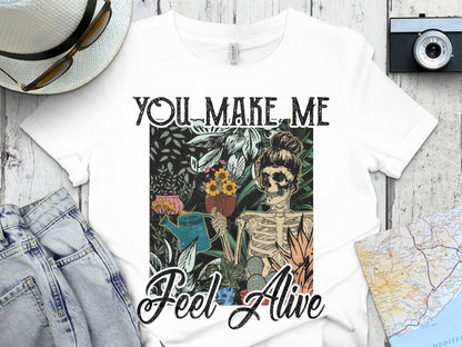 Skeleton Floral Graphic T-Shirt, Vintage Botanical Tee, Unique Goth Style Shirt, Feel Alive Quote Top