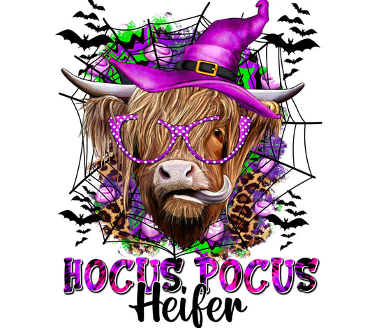 Hocus Pocus Heifer Halloween Cow Graphic T-Shirt, Witch Hat, Purple Glasses, Plaid, Spooky Fun Design for Fall