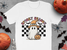 Spooky Season Halloween T-Shirt, Ghost in Witch Hat, Checkered Pattern, Fall Fashion, Unisex Adult Clothing